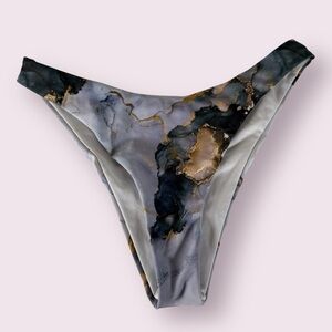 Grey and Navy Blue Marble Print High Rise Cheeky Bikini Bottoms Small